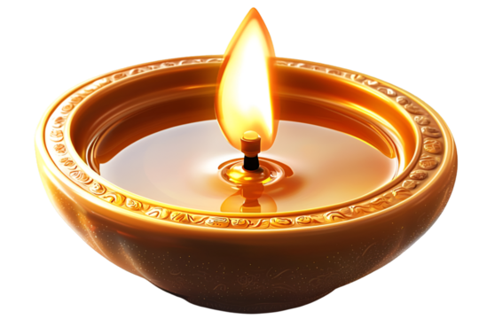 Traditional clay oil lamp with burning flame used for diwali festival isolated on white background