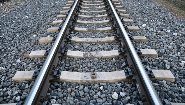 Close up eye level view of railroad tracks and gravel bed perspective