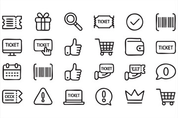 Online Ticket Reservation Icon Collection Featuring Calendar, Payment, and Coupon Vectors
