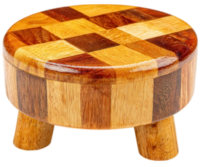 A small round wooden stool with a checkerboard top isolated on transparent background