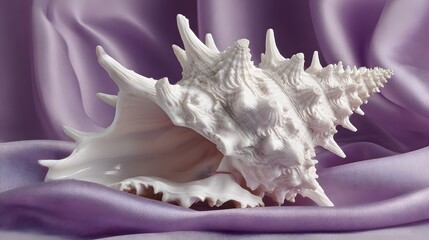 Obraz premium A delicate, white seashell rests gracefully on a smooth, flowing, lavender-purple fabric, showcasing its intricate, spiral design and detailed texture.