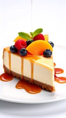 Delicious cheesecake slice with fruit and caramel