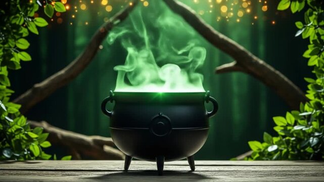 A witchs cauldron bubbles with a vibrant green potion amidst a mystical forest setting, creating an enchanting and magical atmosphere