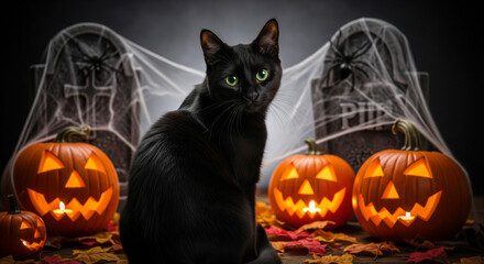 Black Cat with Green Eyes Halloween Portrait
