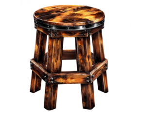 A rustic wooden bar stool with metal accents isolated on transparent background