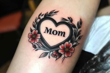 Traditional black and white tattoo of heart with 'MOM' surrounded Red shaped flowers