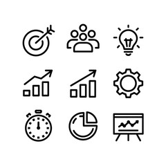 Business and Data Analytics Icons Set – Target, Team, Light Bulb, Growth Chart, Gear, Stopwatch, Pie Chart and Presentation Vector Illustration