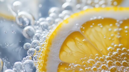 A refreshing lemon slice with bubbles in sparkling water for a cool drink