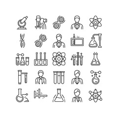Science Laboratory Icons Set – Microscope, DNA, Scientist, Atom, Test Tubes, Flask, Beaker and Chemistry Research Vector Illustration
