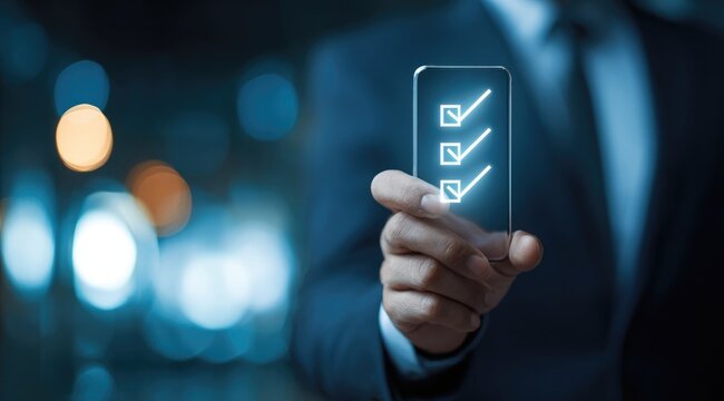 Businessman holds a phone displaying a glowing checklist - Powered by Adobe
