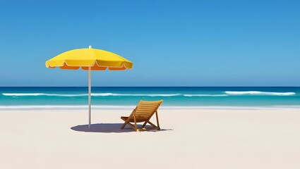 Blue beach chairs and a striped parasol sit on the sand with the vast ocean and a bright summer sky in the background, inviting vacationers to relax