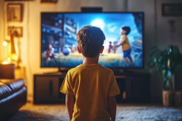 Young Boy Watching TV in Modern Living Room with Vibrant Back view of small child