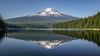 Majestic snowcapped mountain peaks reflected in a serene lake surrounded by lush evergreen forest