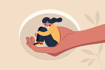 Mental health treatment, care and understanding about depression illness or psychotherapy to protect mental illness concept, warm hand tendering hold depressed solitude girl to solve stress problem. 
