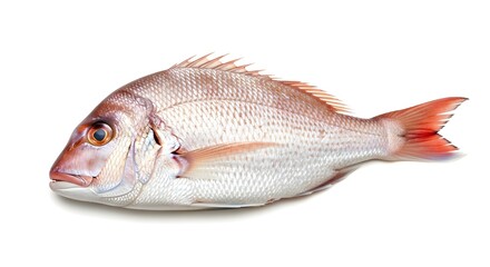 A whole fresh red sea bream fish, also known as a snapper, isolated on a clean white background.