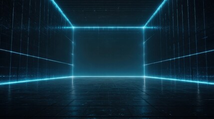 dark tech grid in blue light glow, center space cleared for bold title or button area