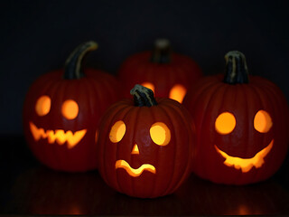 Fototapeta premium Illuminated Jack-o'-Lanterns Gleaming in the Dark: A Spooky Halloween Display