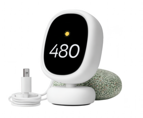 A modern smart device with a digital display showing 480 and a sun icon, isolated on transparent background