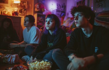 Teenagers watching movie and eating popcorn in room