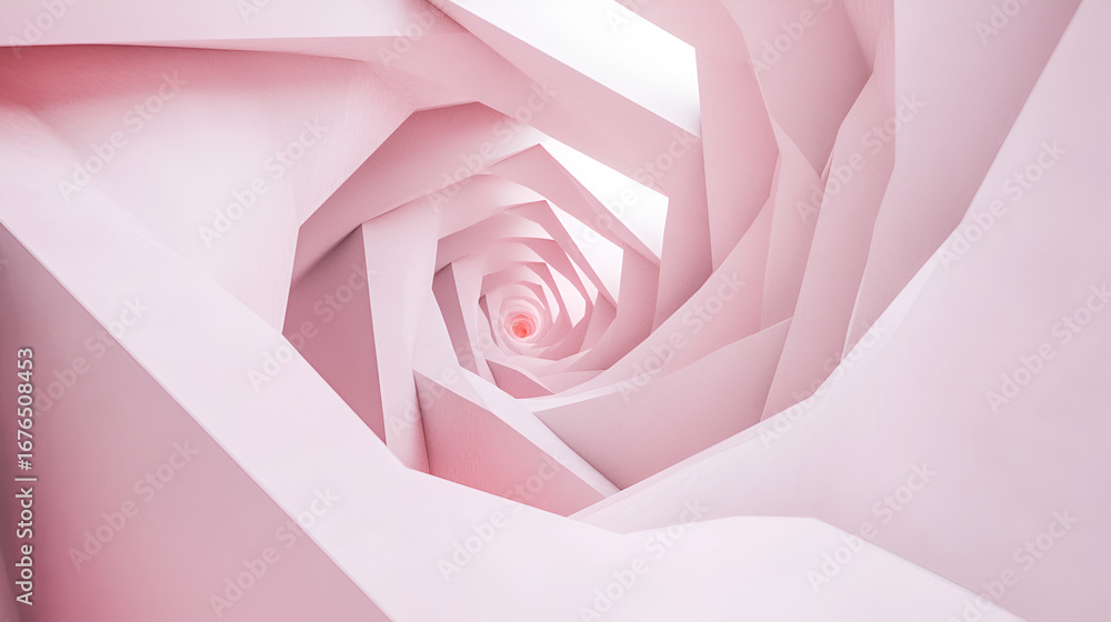 Poster an abstract geometric tunnel of soft pink polygonal shapes creates a mesmerizing vortex effect, draw