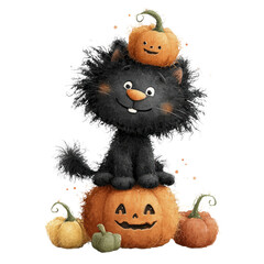 Fluffy black cat with smiling pumpkins featuring a small pumpkin on its head