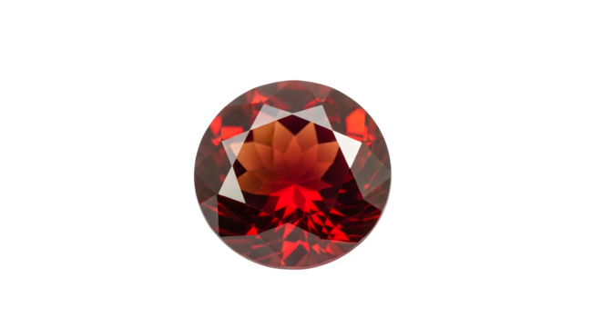 A round cut red garnet gemstone isolated on transparent background, a precious mineral with facets, sparkle, and luxury for jewelry and decoration