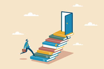 Education or learning for new opportunity, wisdom or knowledge to open door to success, solution, growth or career learning concept, businessman climb up book stack stair to reach opportunity door.