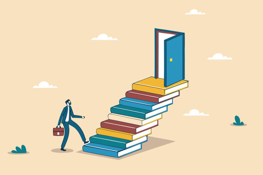 Education or learning for new opportunity, wisdom or knowledge to open door to success, solution, growth or career learning concept, businessman climb up book stack stair to reach opportunity door.