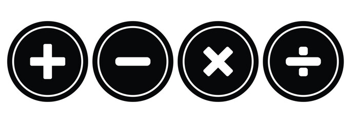 Basic mathematical symbol. Plus, minus, multiply, divide icon set. plus and minus signs. Four basic mathematical operation symbols plus minus multiply and divide. eps 10.