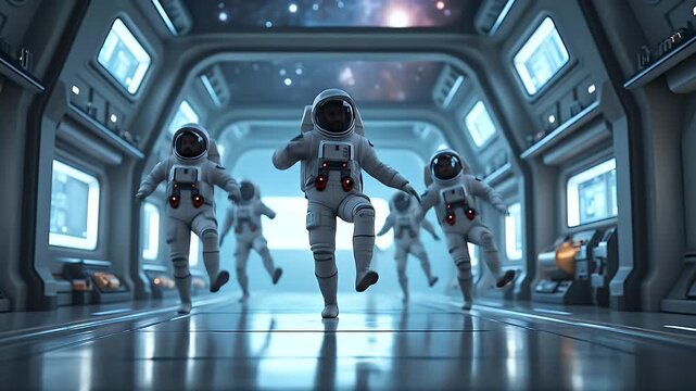Astronaut training simulation inside space station module, floating objects, futuristic spacecraft environment, immersive zero gravity practice