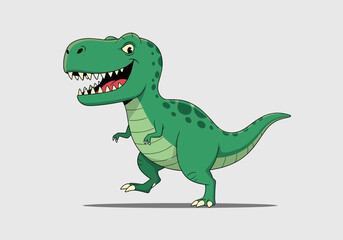 A happy cartoon tyrannosaurus rex dinosaur with sharp teeth and green skin is walking happily