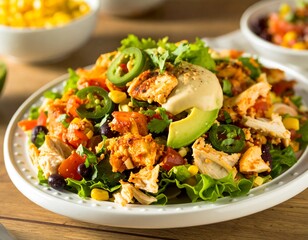 Delicious chicken salad bowl with fresh ingredients