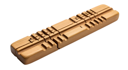 Wooden puzzle isolated on transparent background, a brain teaser with geometric shapes, carved details, and a vintage aesthetic for creative problemsolving