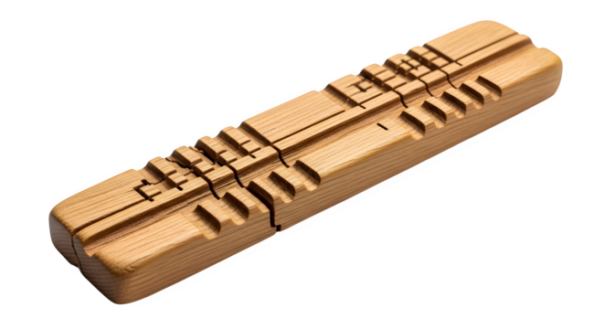 Wooden puzzle isolated on transparent background, a brain teaser with geometric shapes, carved details, and a vintage aesthetic for creative problemsolving