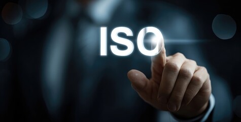 Business hand touching glowing ISO letters on a dark background