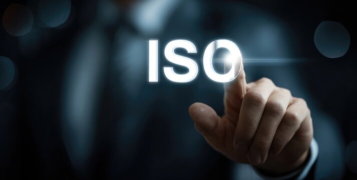Business hand touching glowing ISO letters on a dark background - Powered by Adobe