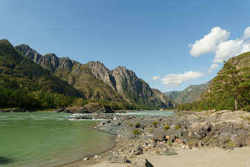 View of autumn nature and river with mountains