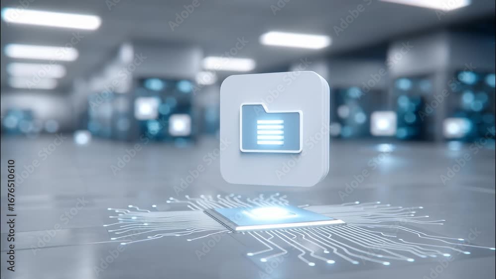 Aufkleber floating digital file folder icon above glowing semiconductor chip with circuit lines in futuristic 
