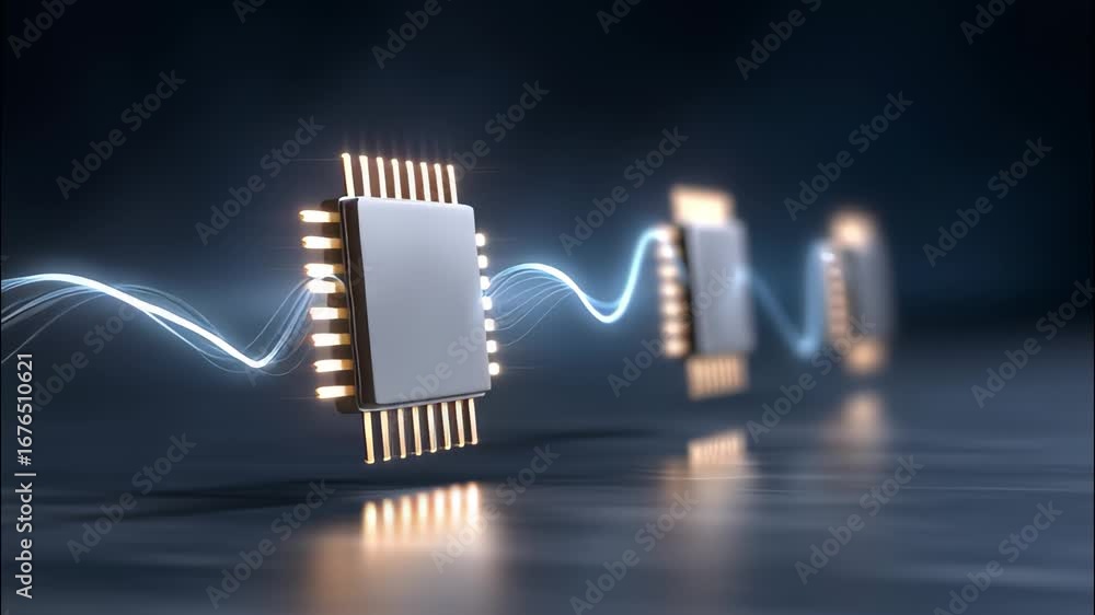 Aufkleber semiconductor chip connection with glowing data transfer waves in dark background showing digital te