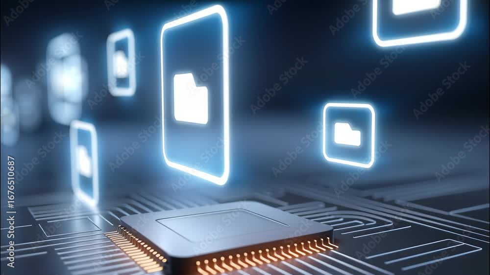 Aufkleber semiconductor chip with glowing digital folder icons representing data storage and digital technolog