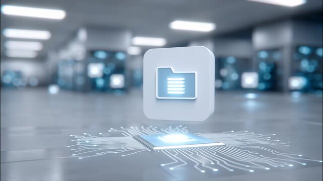 Floating digital file folder icon above glowing semiconductor chip with circuit lines in futuristic technology data center environment
