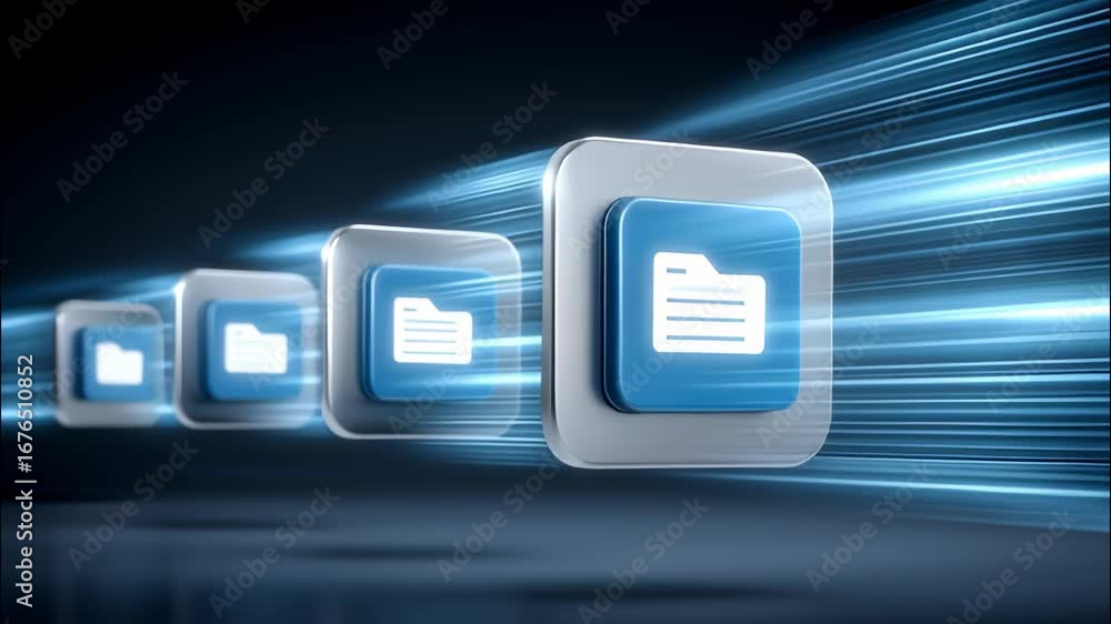 Aufkleber file folder icon with glowing blue light trails representing fast data transfer and semiconductor te