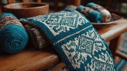 Intricate hand-woven textiles with vibrant teal and cream patterns.