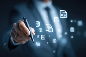 Businessman's hand with pen interacting with floating document icons