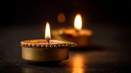 Two intricately designed oil lamps with glowing flames, one in sharp focus with beaded details,