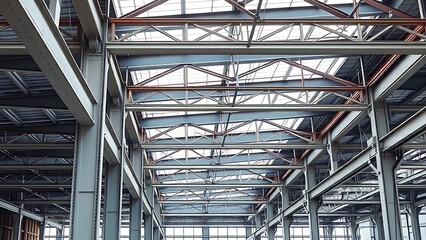 Abstract industrial steel beams create striking patterns in natural construction lighting.