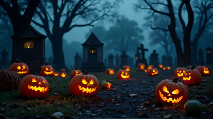 Eerie Halloween Night in a Graveyard with Glowing Jack-o'-Lanterns and Foggy Atmosphere