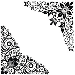 Black floral corner ornaments with swirling vines and dots white