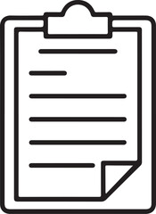 Simple black and white icon of a clipboard with paper
