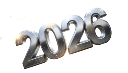 Transparent PNG Silver Metallic 3D Happy New Year 2026 with Sparkles,